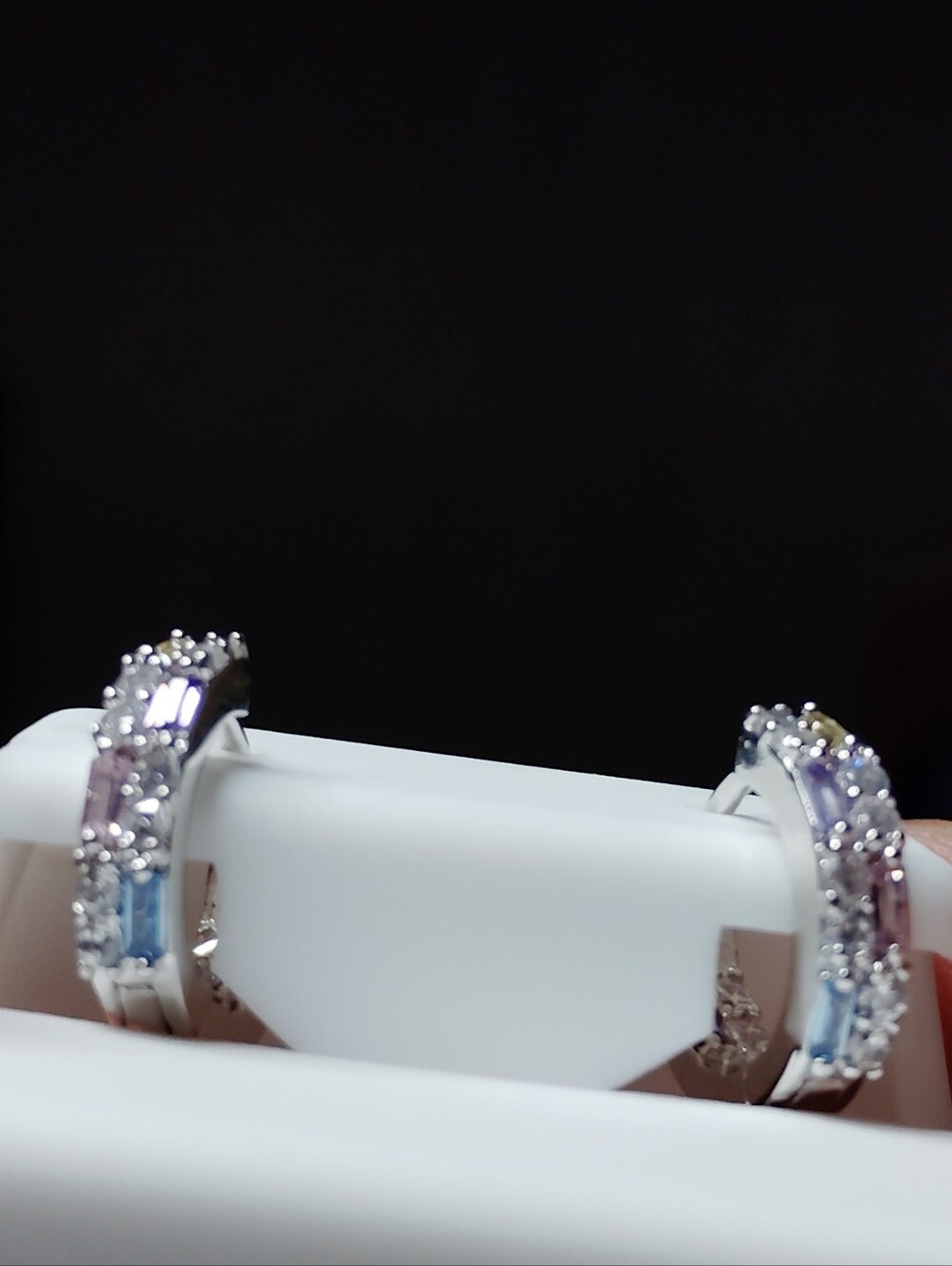 Silver Hoop Earrings with Purple and Light Blue Gem Accents